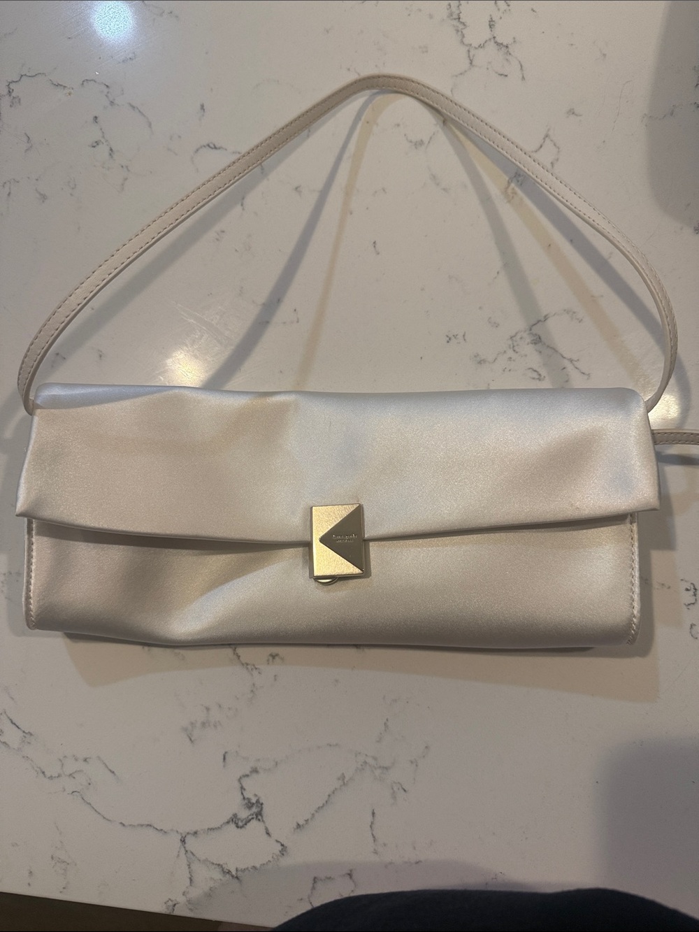 kate spade Satin Fold-Over Clutch in Ivory with Gold Hardware